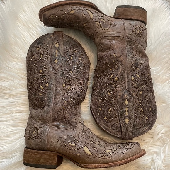 Corral Shoes - Corral Brown Leather Western Cutout & Stud Ankle Boots